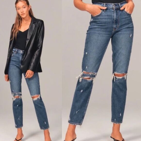 Abercrombie & Fitch Denim Mom Jeans High Rise Distressed Straight Leg Size 10L - Picture 1 of 10